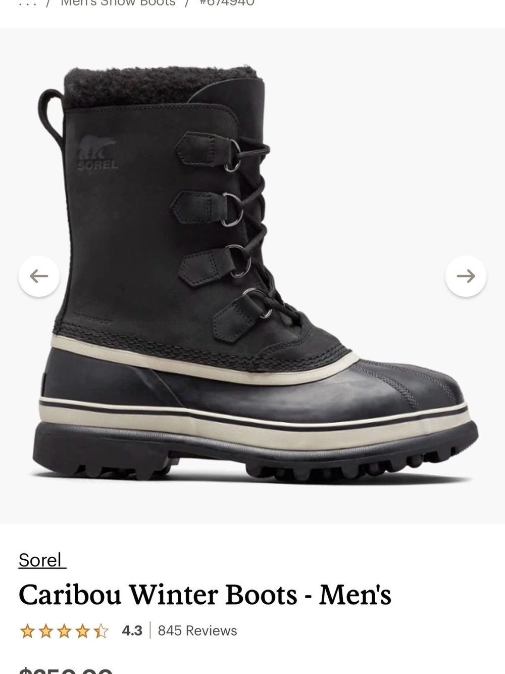 Sorel Men's Black Caribou Snow Boots with Cream Trim